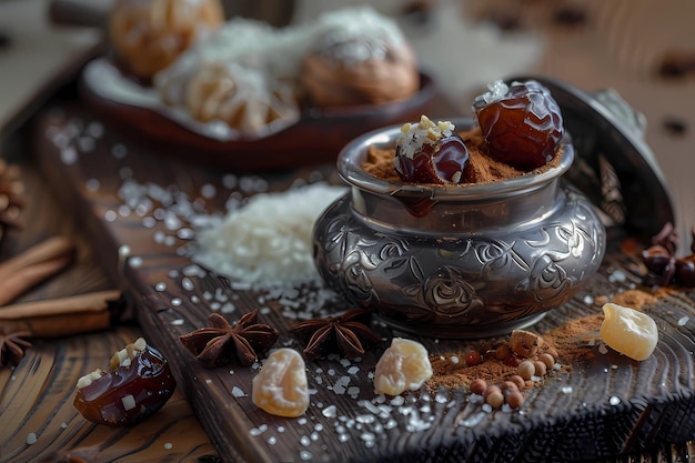 dates with spices and halva on old wood background