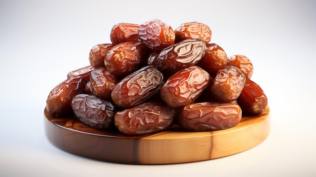 Dates in a wooden bowl isolated on white background