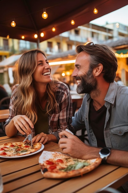 Dating in een pizzeria Een knap glimlachend stel dat van pizza geniet en samen plezier heeft Consumentisme levensstijl concept Toerist op vakantie in Italië geniet van vrijetijdsactiviteiten eten gezond eten