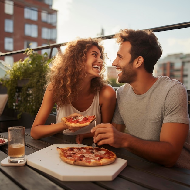 Dating in een pizzeria Een knap glimlachend stel dat van pizza geniet en samen plezier heeft Consumentisme levensstijl concept Toerist op vakantie in Italië geniet van vrijetijdsactiviteiten eten gezond eten