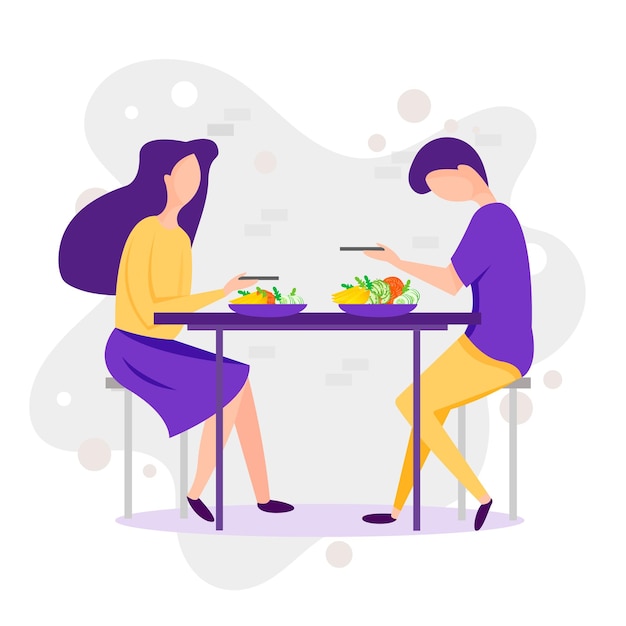 자연 풍경에서 건강한 발을 먹고 있는 남녀의 데이트 벡터 만화 재미있는 삽화