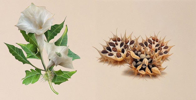 Datura Angels トランペット (Datura Stramonium)。白い紙に植物のイラスト。