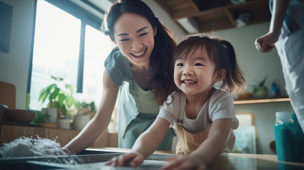 사진 딸 과 어머니 가 함께 집 을 청소 하고 재미 를 즐기고 있다