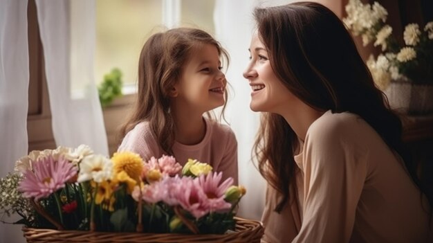 дочь поздравляет маму и дарит ей корзину с весенними цветами