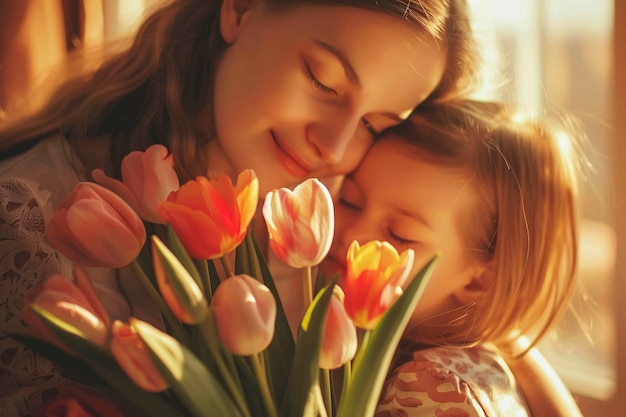 daughter congratulates her mother with a bouquet of tulips on Mother39s Day