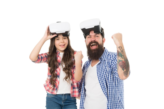 Daughter and dad wear wireless vr headset modern education at home play virtual game together Having rest family having fun feel free in glasses of virtual reality future technology concept