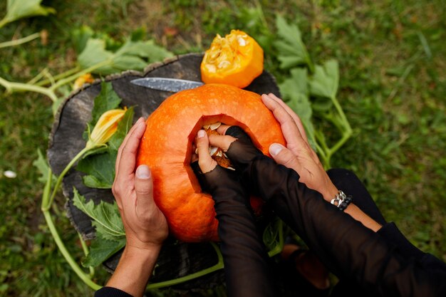 Daughter and father hands pulls seeds and fibrous material from a pumpkin before carving for Halloween. Top view, close up, View from above, copy space