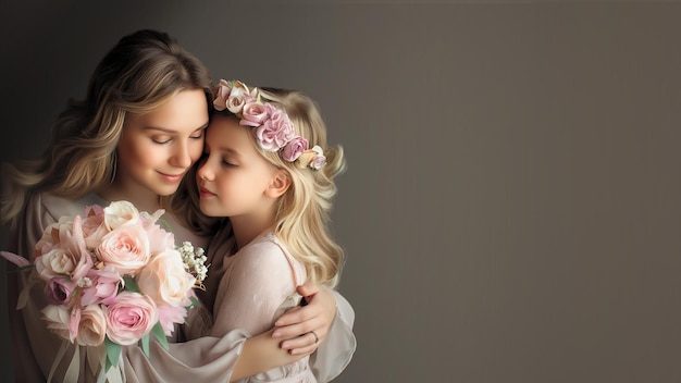 Daughter gives flowers to mother on Mothers Day