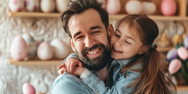 La figlia bacia il padre sorridendo festeggia il giorno di pasqua