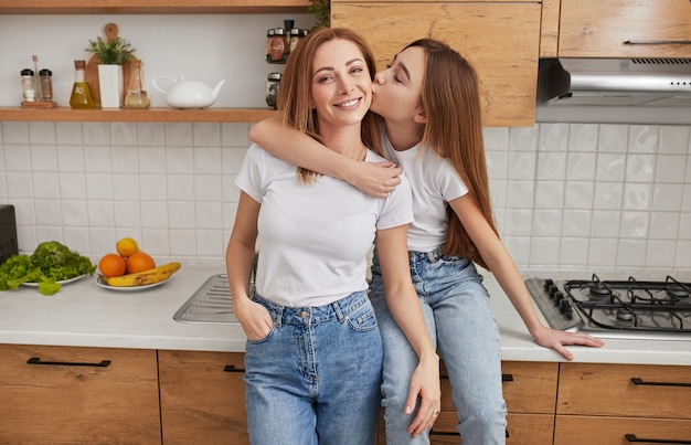 Daughter kissing mother at home