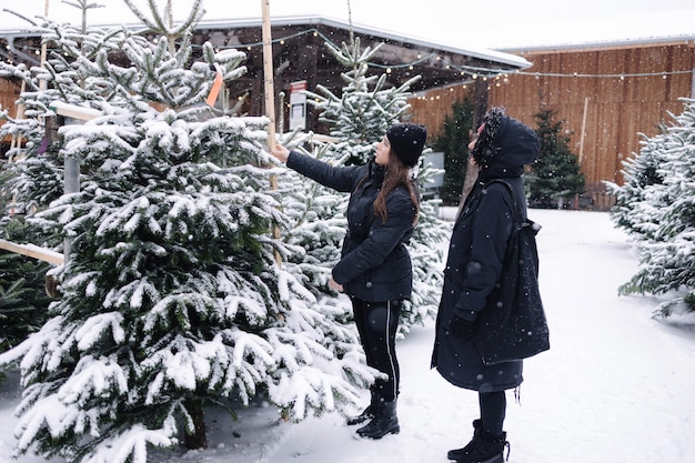 義理の娘は、公正な雪に覆われた屋外で義理の母のためにクリスマス ツリーを購入するのに役立ちます