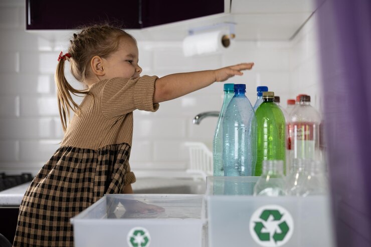 Photo daughter puts plastic bottles in a box with a recycling icon cute little girl collects plastic at home and puts it in a box for recycling concept of collecting plastic for recycling