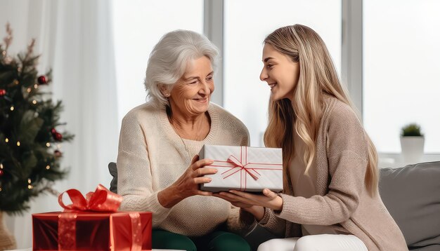 The daughter wishes her mother a Happy New Year on New Year's Eve or Christmas