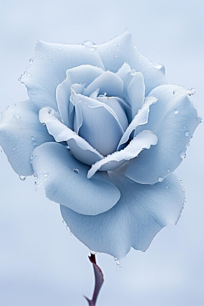 dauw bedekte blauwe bloemblaadje die eenzaamheid vertegenwoordigt rust op een strak wit oppervlak voor een aangrijpende