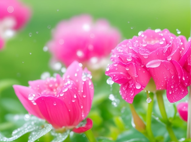 Dauwdruppels op bloemen in een park