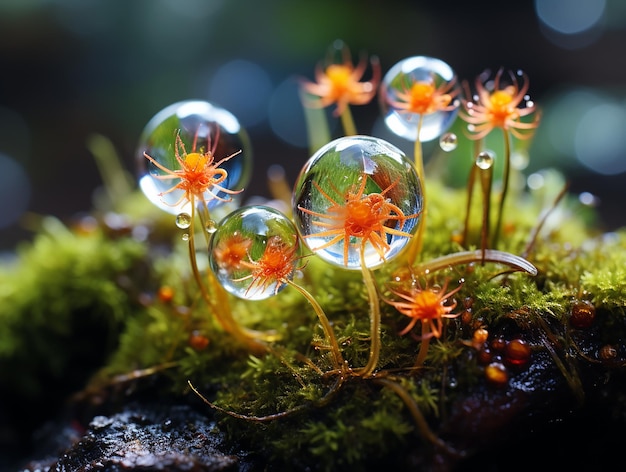 Dauwdruppels op mos en bloemen in een dromerige stijl
