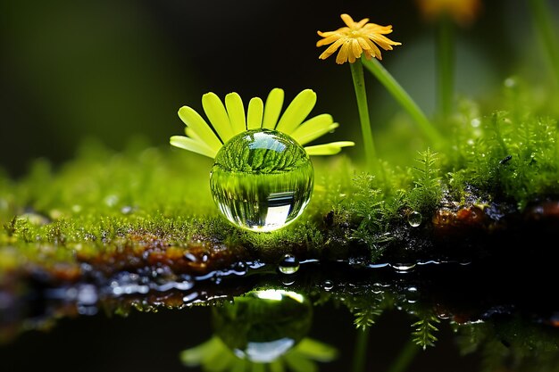 Dauwdruppels op mos en bloemen in een dromerige stijl