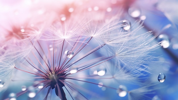 Foto dauwdruppels op paardenbloemzaad macro schoonheid