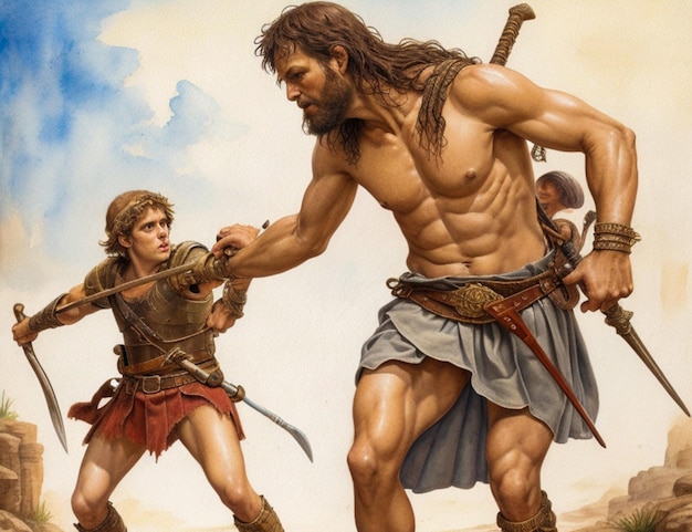 David attacks Goliath with a sling in the valley of Elah