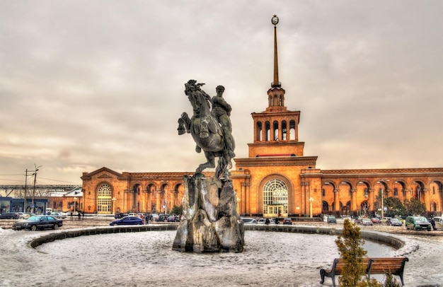 David of Sassoun statue and Yerevan Railway Station Armenia