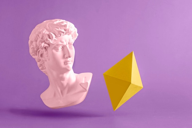 David statue antique pop art and cryptocurrency symbol Ethereum in vaporwave and cyberpunk style on a purple background