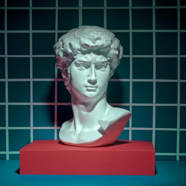 Testa della statua di david sul podio nel cyberspazio nft39s minimal concept of cyrpunk and vaporwave art