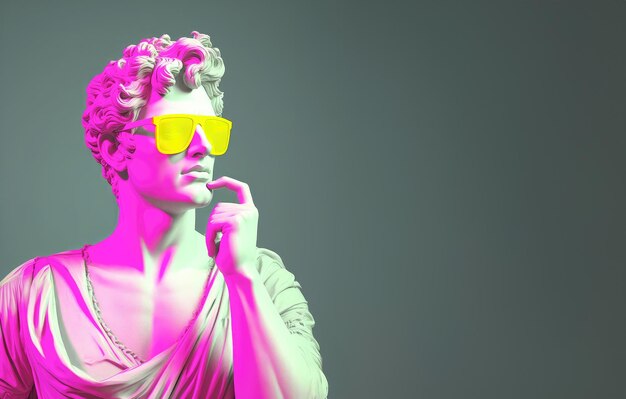 写真 デイビッドの刻は熱いピンクでネオン黄色のサングラスを着用した 蒸気波の風味のポップアート