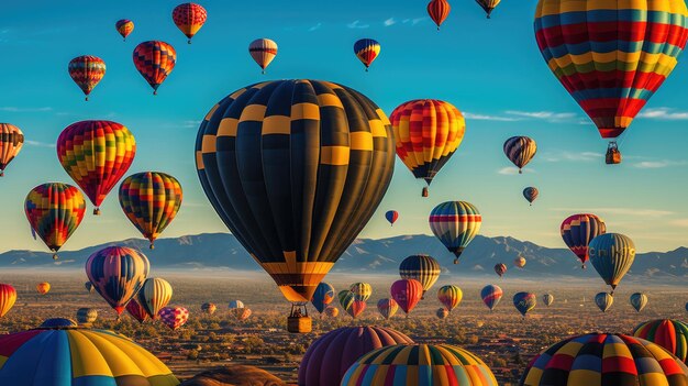 Dawn breaks as a myriad of vibrant hot air balloons ascend into the clear sky