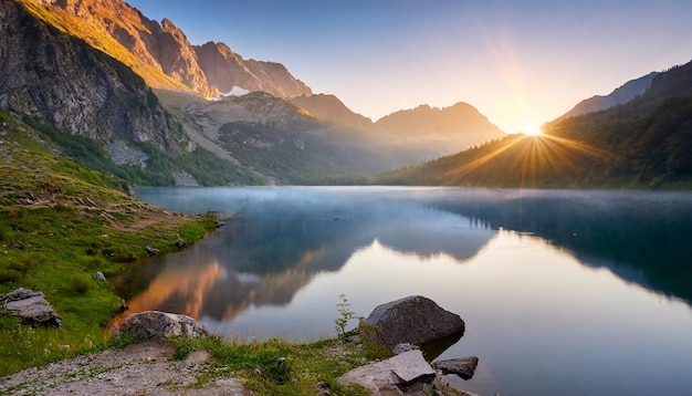 A dawn breeze ruffled the surface of the breathtaking lake