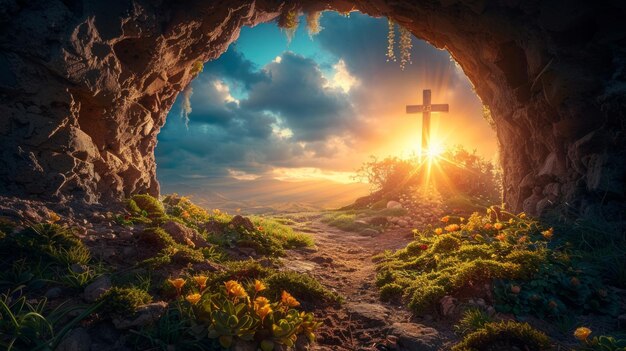 Dawn of Easter Jesus risen empty tomb with crucifixion background celebrating Christian faith and renewal AI Generative