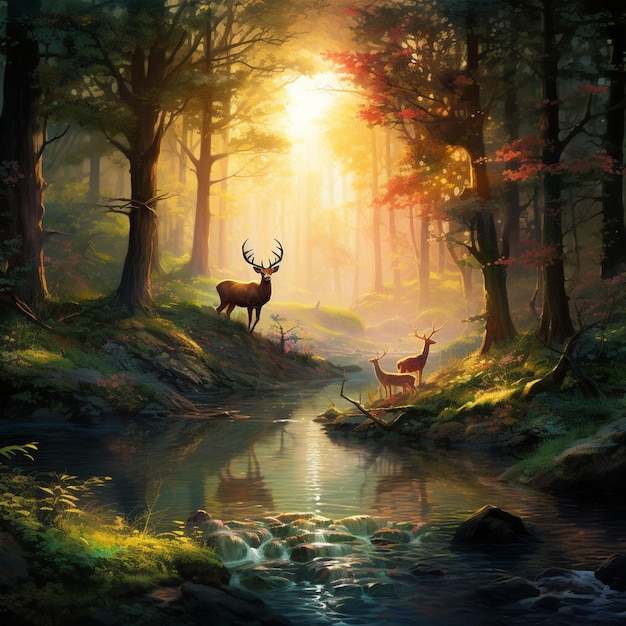 Foto l'alba nella foresta incantata la bellezza mistica e la magia della lucciola