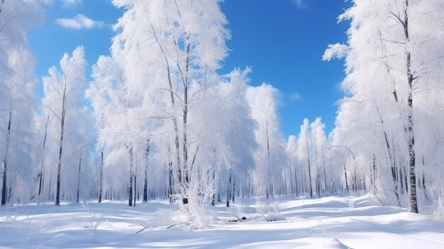 夜明けの冷ややかな朝 冷ややかな木の冬の風景 白い雪と青い空 静かな生成 AI