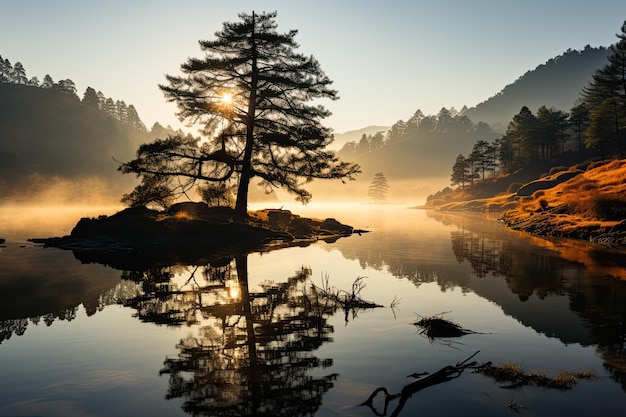 Рассвет на холмах озеро и деревья в золотых тонах и спокойствие генерирующий IA