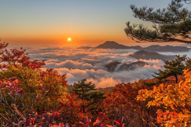 Photo dawn of the hwangmasan mountain with the sea of clouds