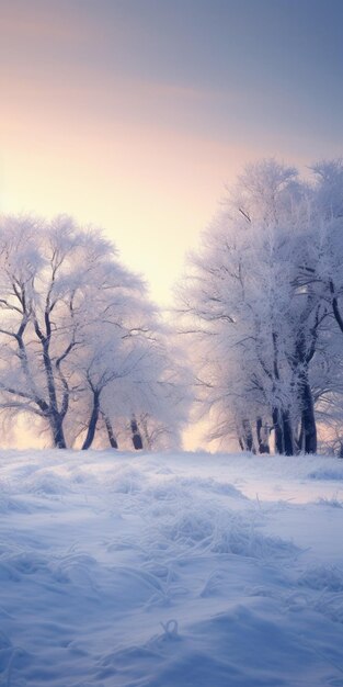 Dawn ijzige ochtend Winterlandschap van ijzige bomen, witte sneeuw en blauwe lucht Tranqui Genative AI