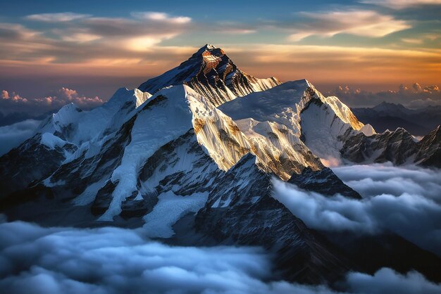 Dawn in de bergen boven de wolken Mount Everest Mountain landschap