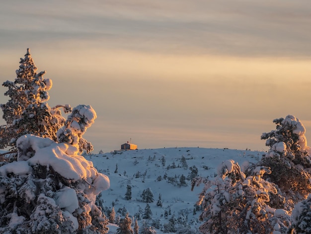 Dawn in de winter besneeuwde bergen met een gezellig huis voor toeristen Eenzame bungalow op een besneeuwde berghelling onder een heldere dageraadhemel