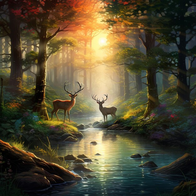写真 魔法の森の夜明け 神秘的な美しさと火<unk>の魔法