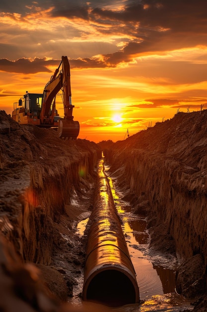 Photo dawn of infrastructure worker overlooking pipeline work