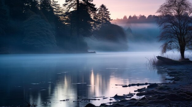 Рассвет пейзажа с озером и восходящим туманом