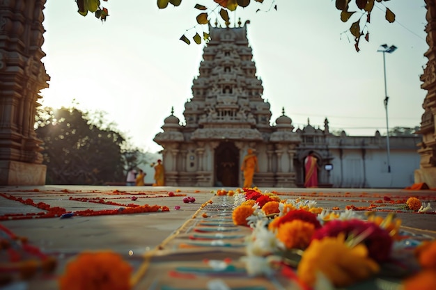 Dawn light bathes a temple decorated for Ugadi in soft hues