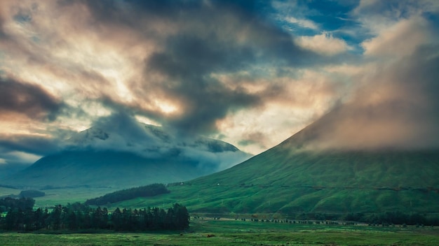 Dawn over the mountains of Glencoe Scotland