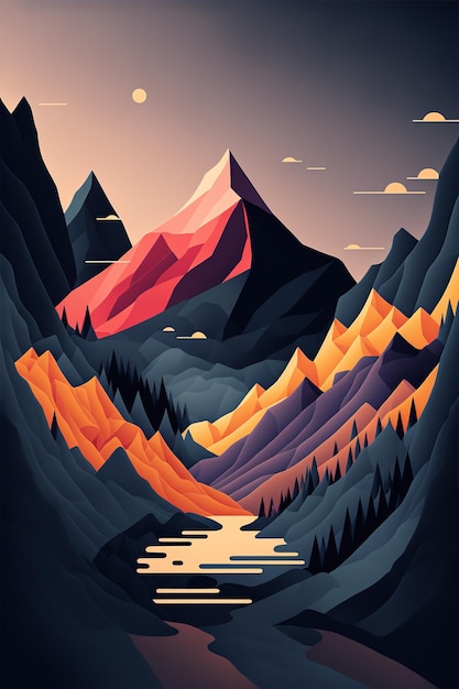 Dawn in the mountains, mountain lake. Hills landscape illustration flat lay