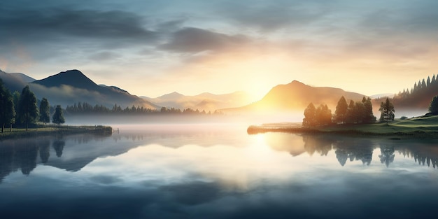 Фото Рассвет над туманным озером с мягкими холмами на расстоянии