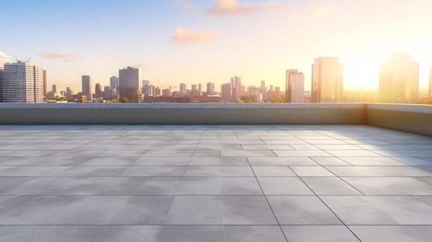 The dawn paints the sky behind a modern city building while the foreground boasts an empty 3Dstyle cement floor with steel pavement