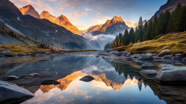 Dawn reflection river alpine landscape