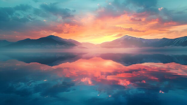 Photo dawn reflections on serene lake tranquil waters mirror colorful sky at dawn photo realistic conce