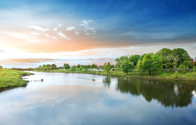 Dawn on the river in the spring