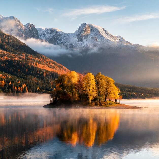 Photo dawn's coziness fog blanket over mountain lake