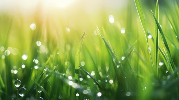 Photo dawn's elixir serene morning sunlight bathes juicy freshgrass with dew drops on a radiant nature's